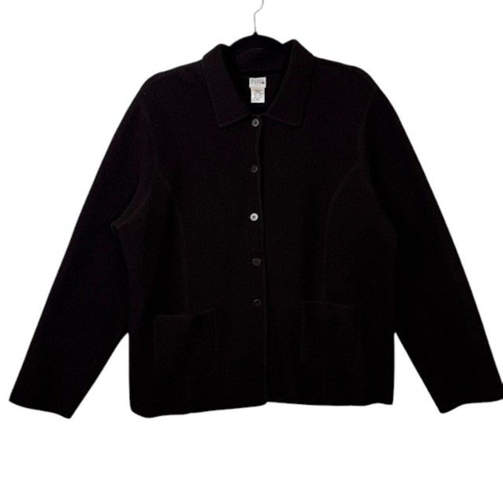 Eileen Fisher 100% Wool Jacket Black Button Front Pockets Size Medium Petite